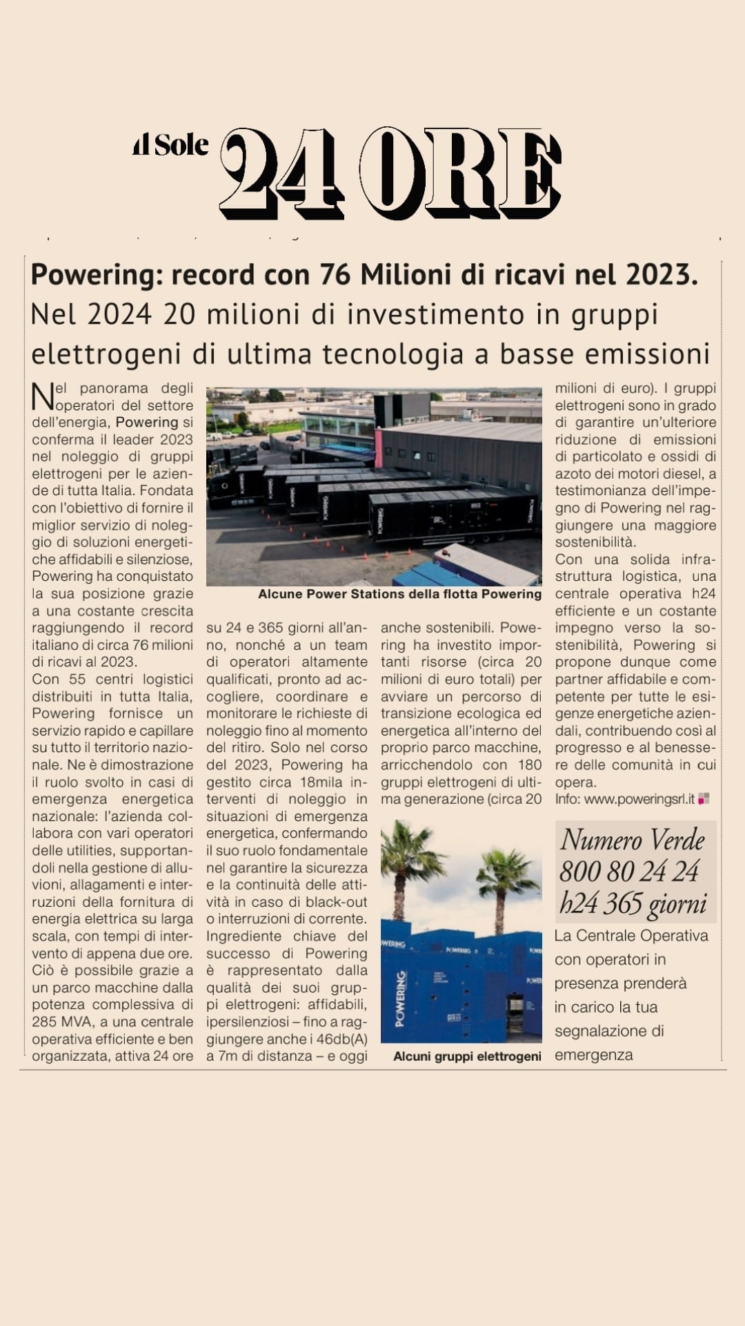 articolo del sole24ore su powering